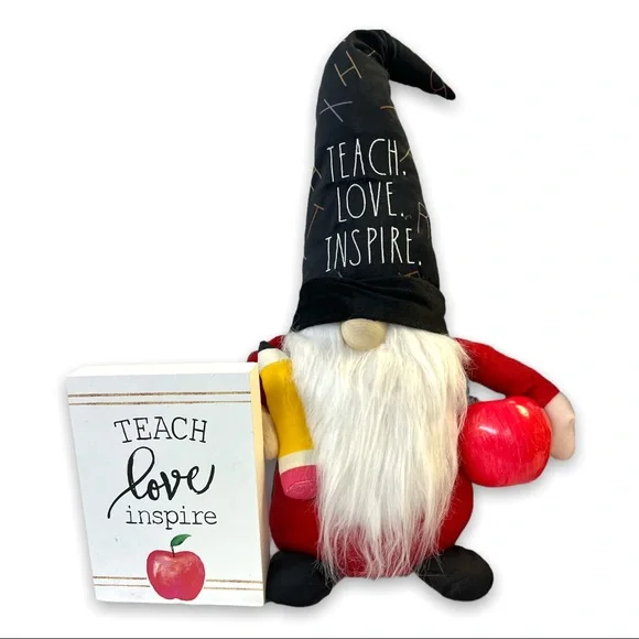 Rae Dun Teacher Gnome Teach Love Inspire with wood sign - Picture 1 of 3